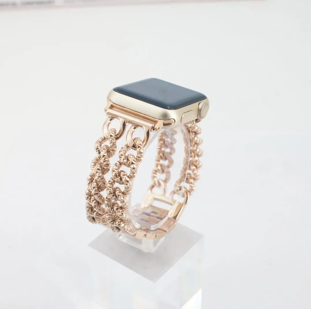 

Suitable For Apple Watch Strap Apple Watch Stainless Steel Metal Double Row Batch Pattern Denim Chain Jewelry Strap, Gold/silver/black/rose gold