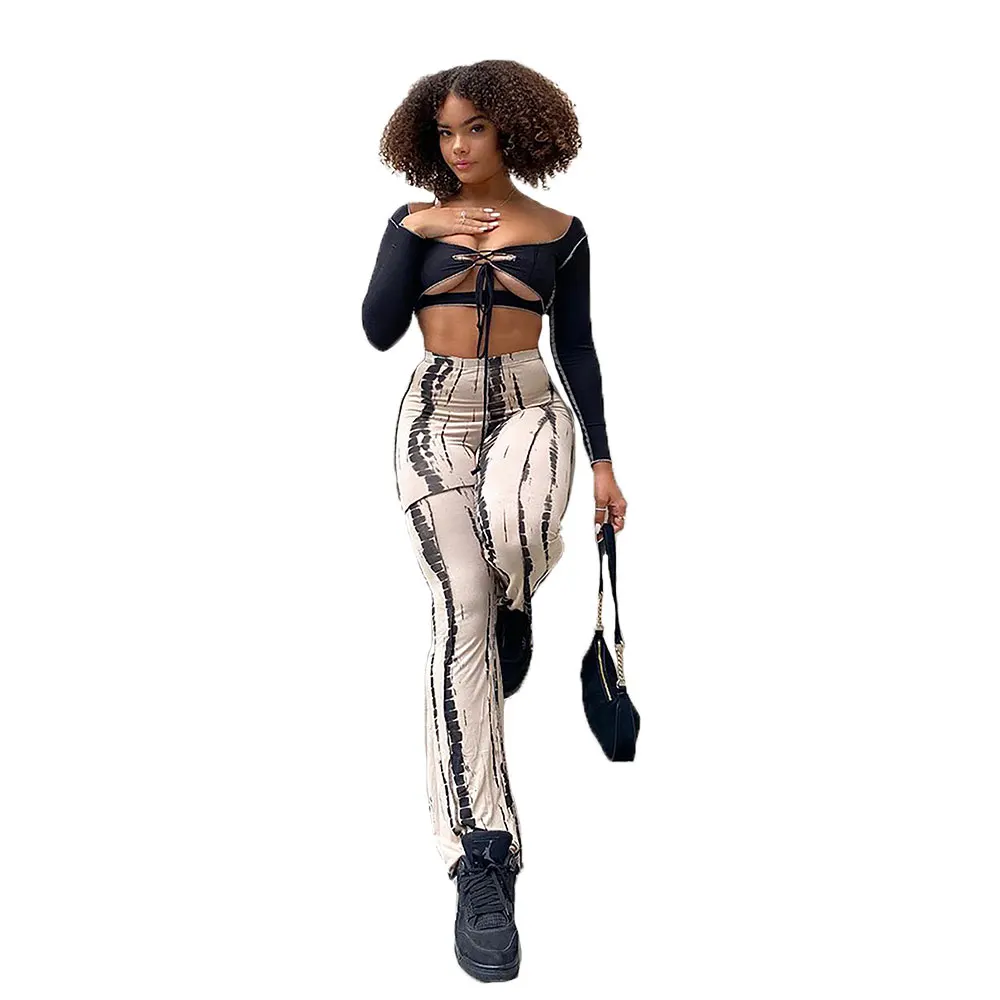 

10713-MX65 nine colors print bell bottoms pant bandage crop tops women two piece set sehe fashion