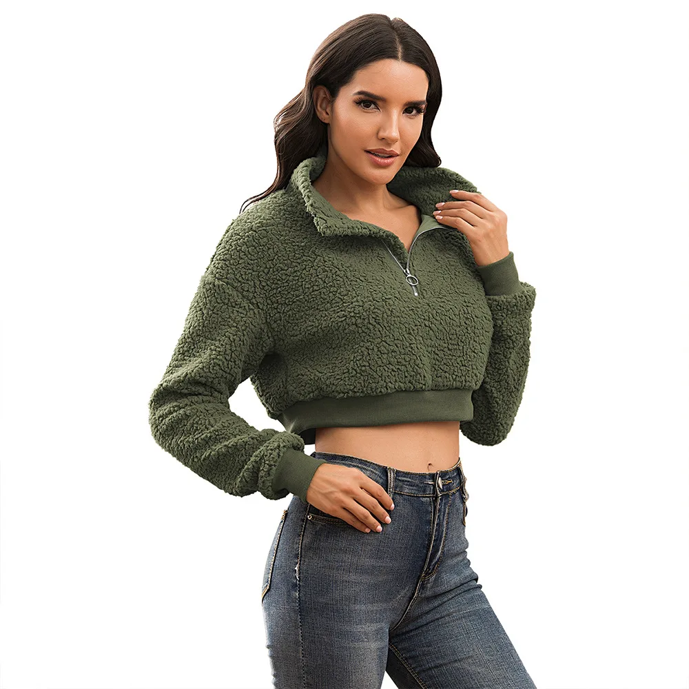 

Polyester Pullover 1/4 Zipper Hoody Sherpa Furry Sweatshirt Crop Fleece Hoodies