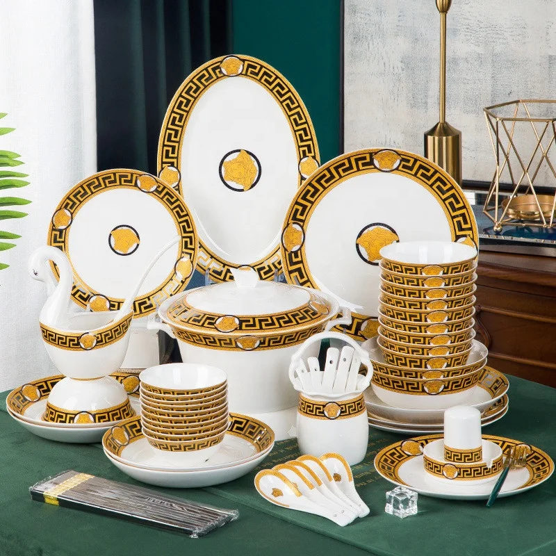 

New designs Jingdezhen bone china tableware set new golden old man head ceramic dishes and chopsticks set, As the photos