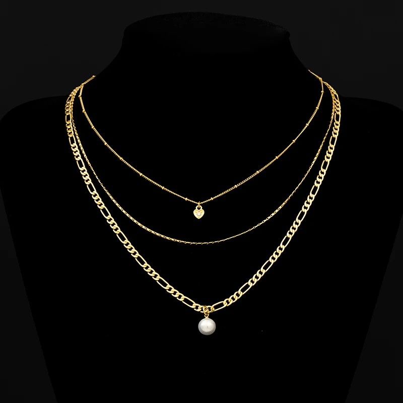 

Chains Necklace for Men Male Women Teen Girls Boys,3 Layered Freshwater Pearl Pendants Necklaces Set,Stainless Steel Jewelry, Gold