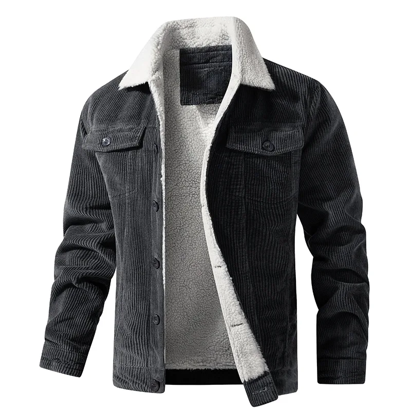 2022 Winter Men's Custom Sherpa Lining Corduroy Car Jacket Comfortable Stand Collar Trucker Jacket with Coating Wholesale