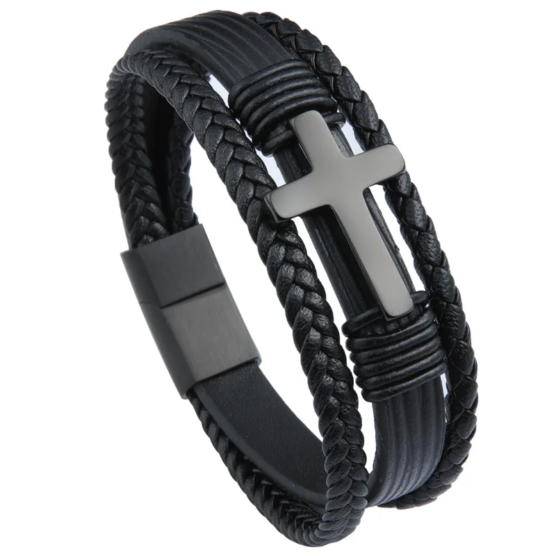 

Bestone New Fashion Gifts Braided Design Classic Stainless Steel Buckle Cross Black Men's Leather Bracelet