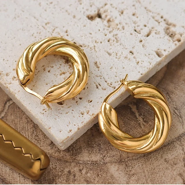 

Textured 18K Gold Plated Twisted Huggie Earrings Stainless Steel Chunky Hoop Earrings Women
