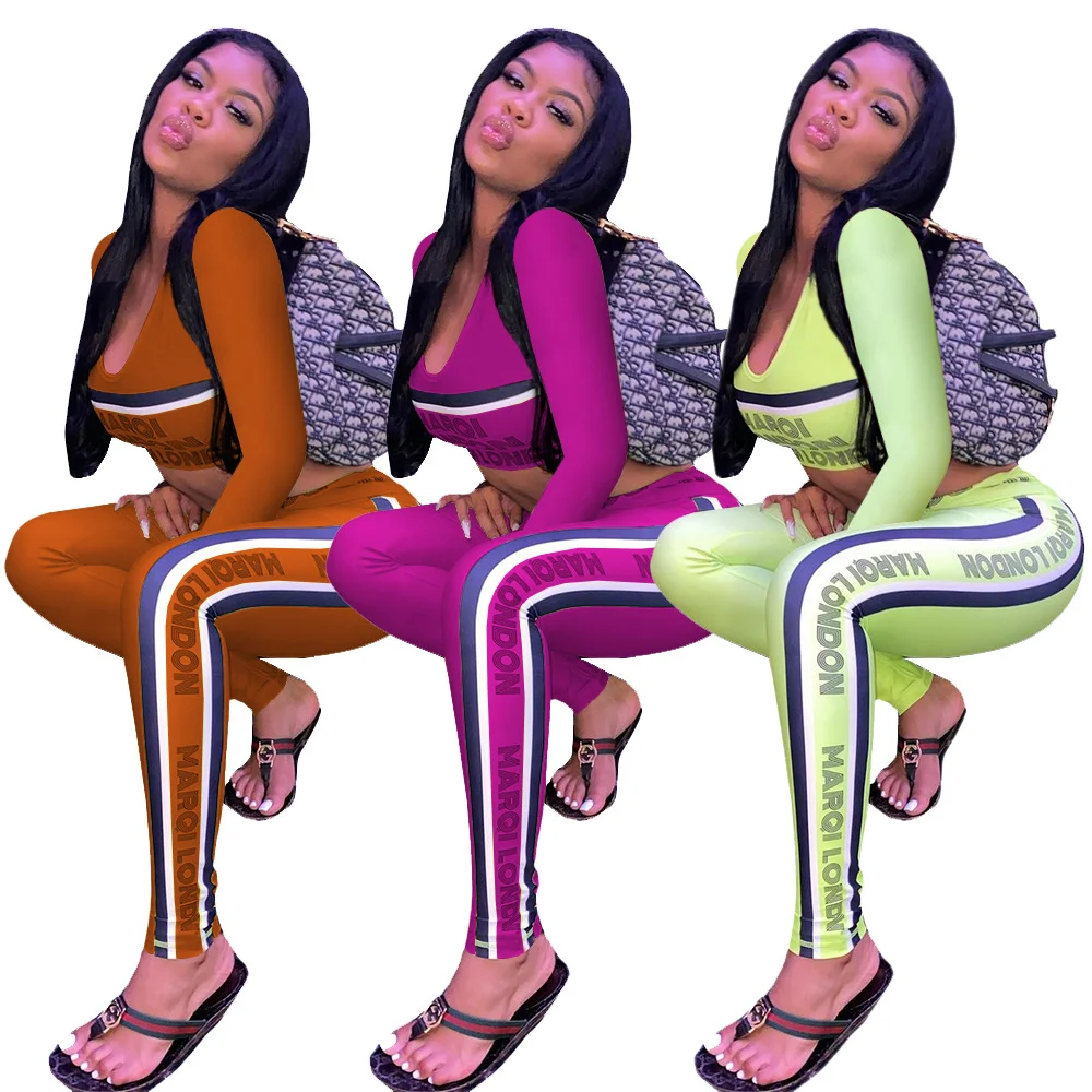 

New Arrivals 2021 amazon amazon fashion hot vintage letter print outfit crop top t shirt and plus size pants set lounge wear, 3 color as picture