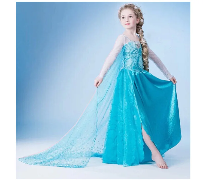 High Quality Sequins Cartoon Cosplay Costumes Elsa Frozen Princess Dress Long Sleeves Party Gowns