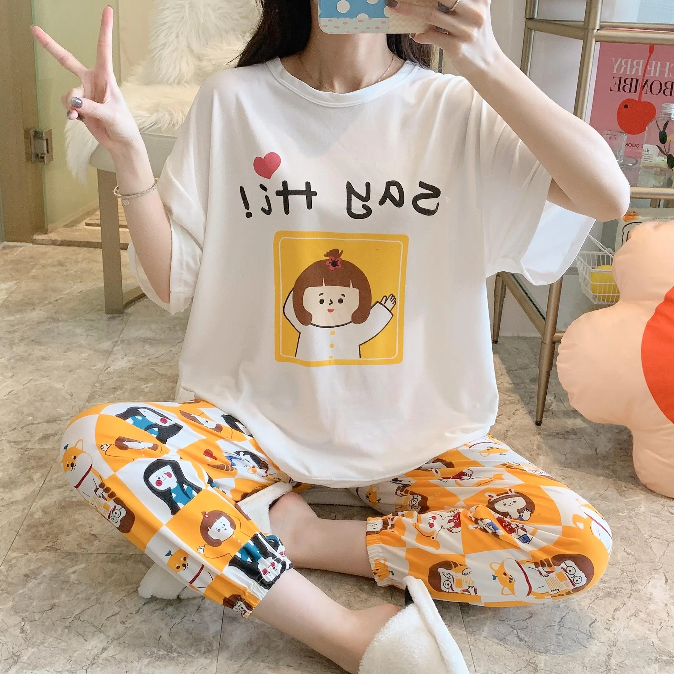 

Baju Tidur Murah Fashion Short Sleeved Trousers Nightgown Sleepwear Pijamas Por Mayor Pajama Set