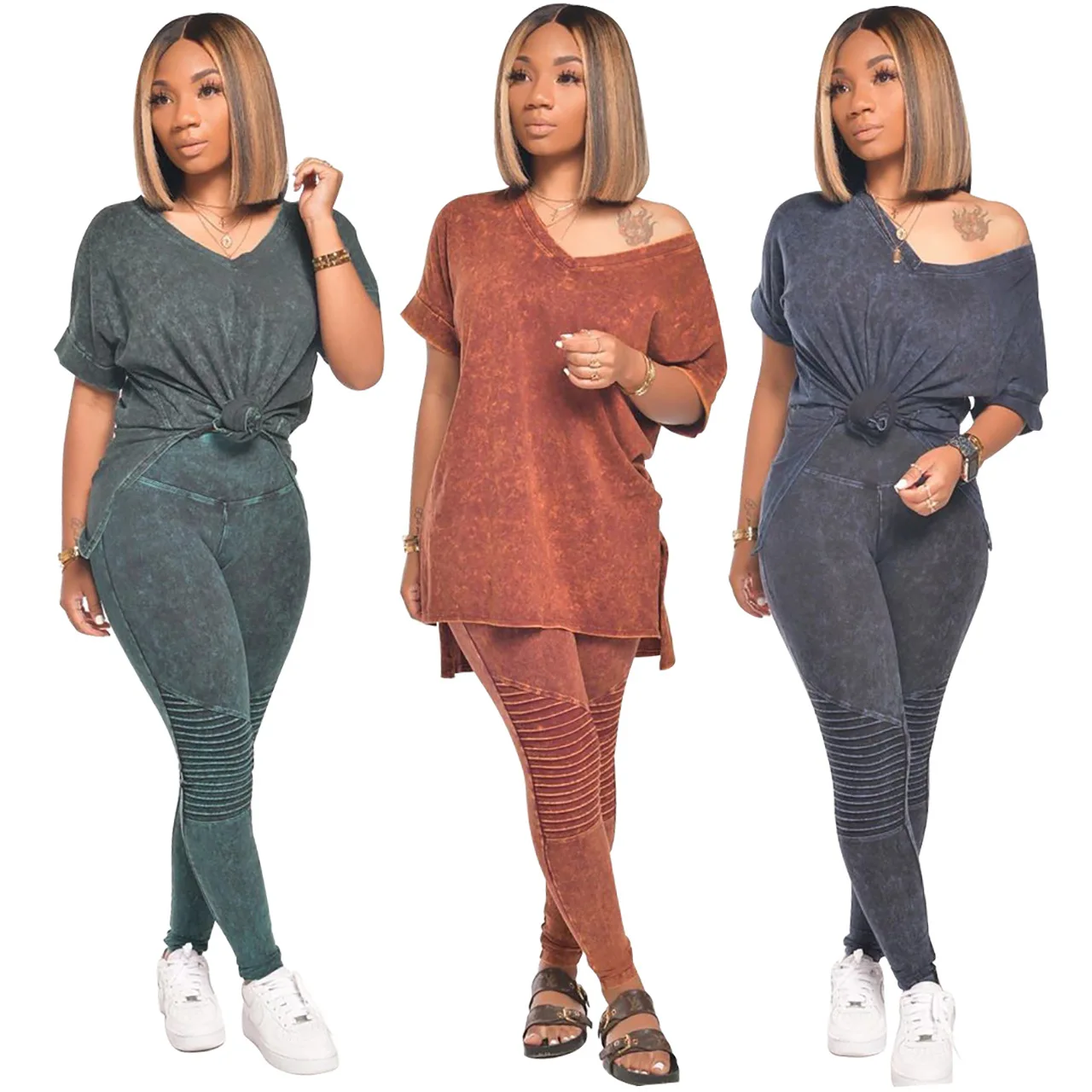 

V-neck short sleeve slit embossed stitching top and pants two-piece suit clothing vendors women's, Picture