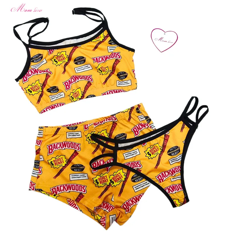

Women`s Sleepwear 3 Pcs Bra And Panty Sets Cute Women Night Wear 3 Pieces Short Set Yes Daddy Backwoods Printing Pajama Sets, Picture shows or custom