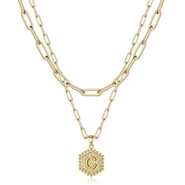 

Amazon Fashion Jewelry Double PaperClip Necklace 26 English Letter Necklace Ladies Hexagon Pendant, Gold/silver color