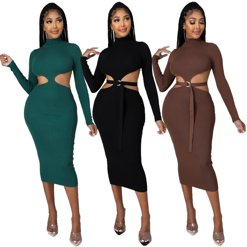 

womens fashion stylish clothing elegant hollow slim waist wrap midi dresses women long sleeves women sexy dresses party, Black/army green/coffee