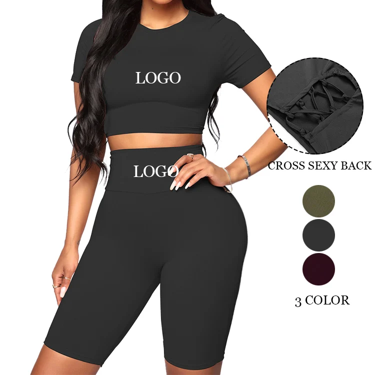 

Custom Logo Quick-Drying Elastic Compression Crew Neck Crop Top And High Waist Shortstop Women Workout Set, As show