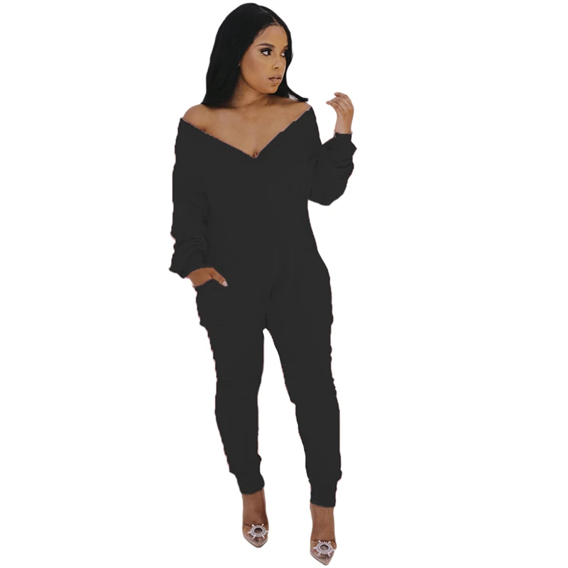 

Plus Size Solid Color Back Zip V Neck Jumpsuit with Pocket