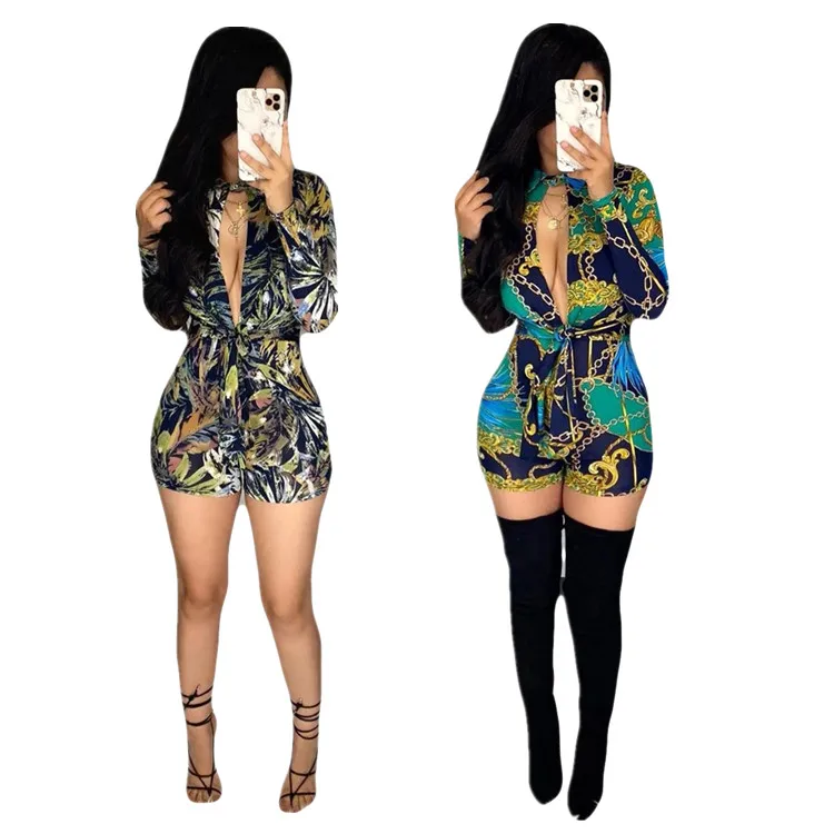 

2021 Spring Fashion Striped Deep V Sexy Short Sleeve Skinny Jumpsuit, Picture