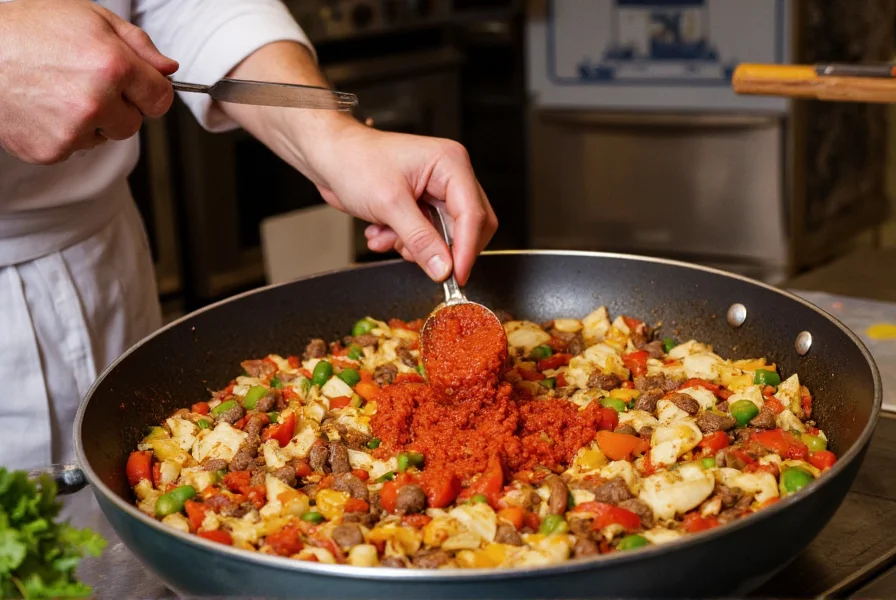 Chef stirring red pepper paste into traditional Turkish dish with fresh vegetables and spices