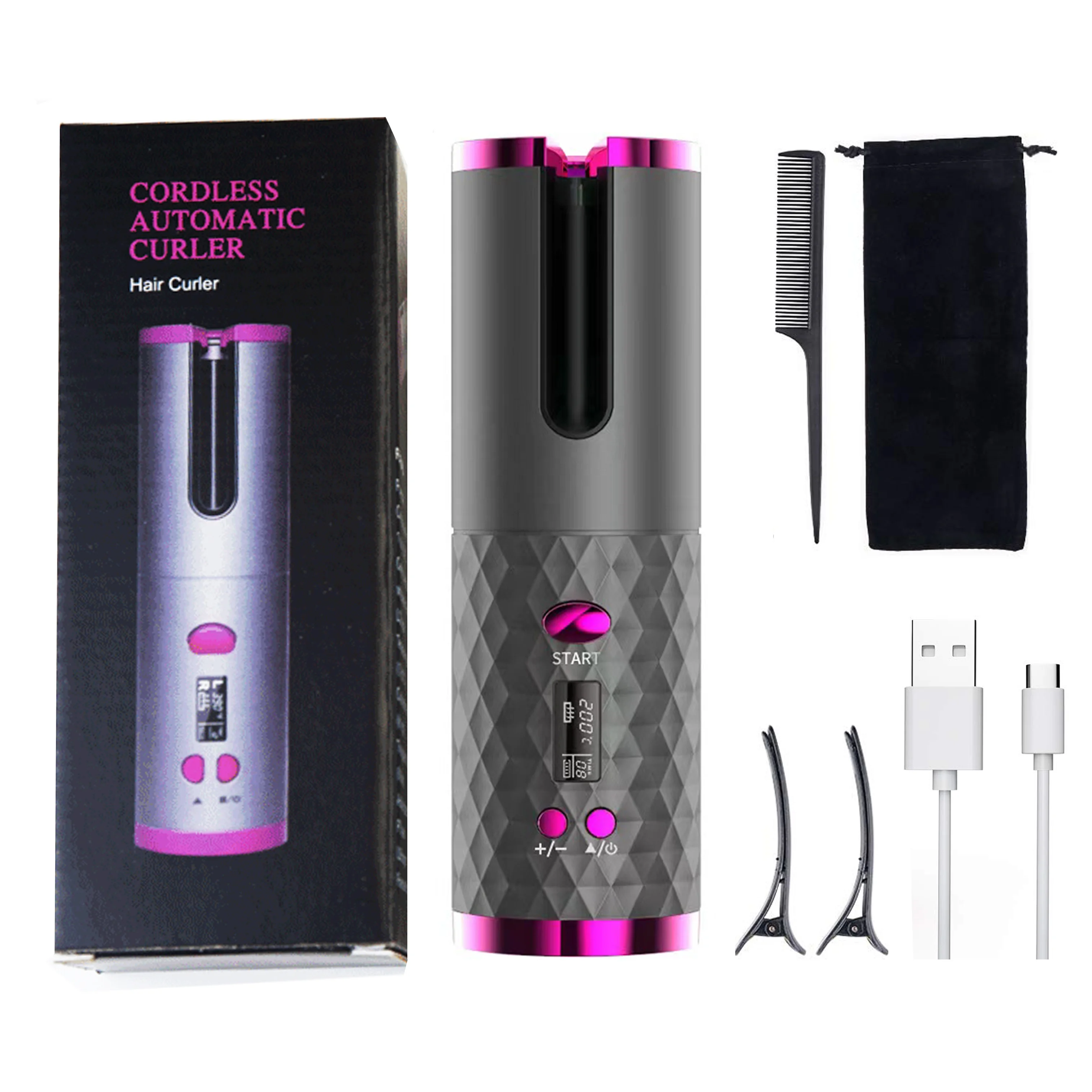 

2022 Mini Electric Portable CE ROHS FCC 5000mah Rotating Auto Wireless Cordless USB Rechargeable Heatless Automatic Hair Curler, Customized color