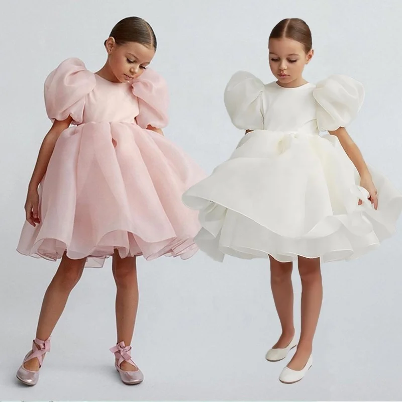 

Fashion Girl Princess Vintage Dress Tulle Kids Puff Sleeve Pink Wedding Party Birthday Tutu Dress Child Clothes