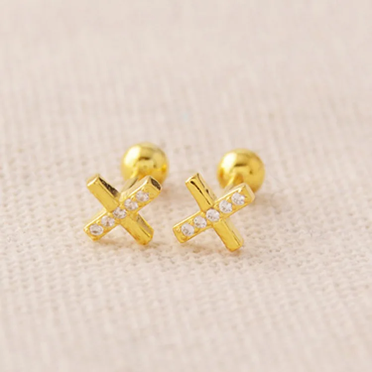 

925 Sterling Silver Stud Simple Diamond Cross Earrings For Women