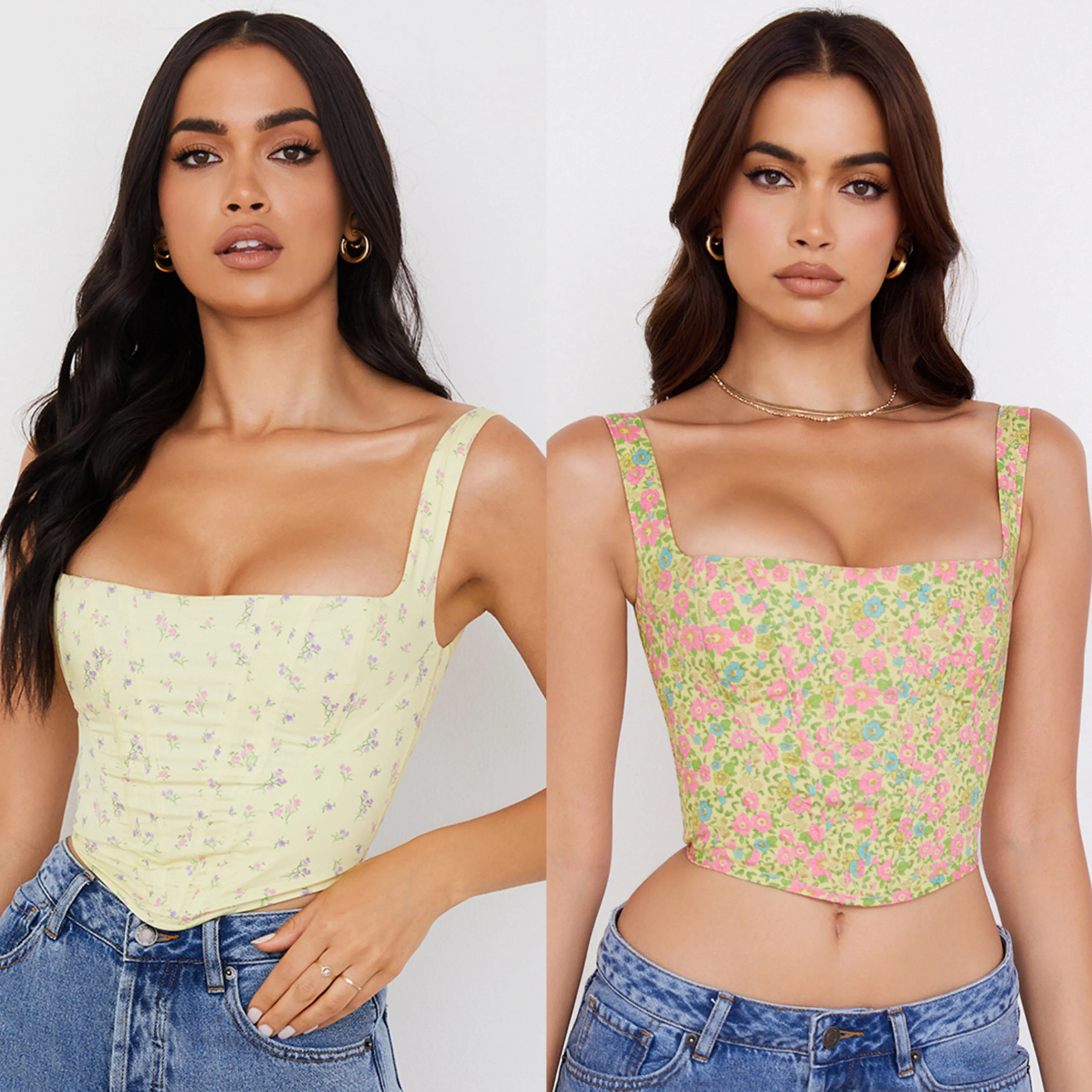 

Enyami 2022 New Arrival Hot Girl Summer Floral Halter Corset Bustier Sexy Square Neck Sleeveless Tshirt Crop Top, Picture color