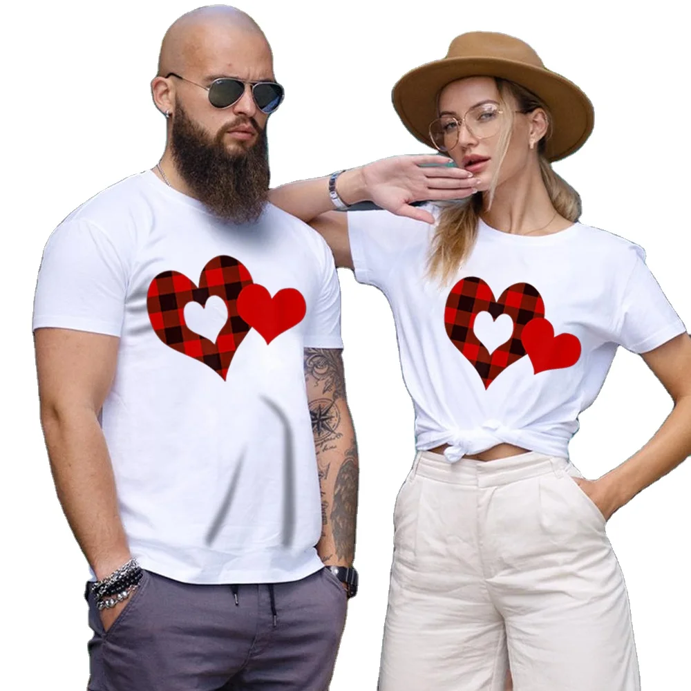 

Couple Red Love Print Tshirt For Wen And Women Short Sleeve Round Neck Blouse Valentine's Day Gife, Black,white,gray,yellow,wine red,red,sky blue,army green,blue,more