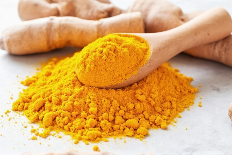 Fresh turmeric root compared to powdered turmeric on wooden cutting board