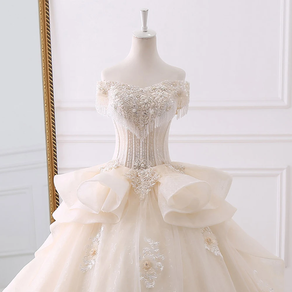 2020 Gorgeous Ball Gown Wedding Dresses Vestido De Noiva Appliques Flowers Beading Crystal Shiny Bridal Dress