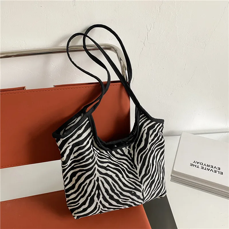 

L028 Large Capacity Handbag Animal Print Zebra Canvas Shoulder Bag Reusable Grocery Linen Tote College Bags Girls, Pic color