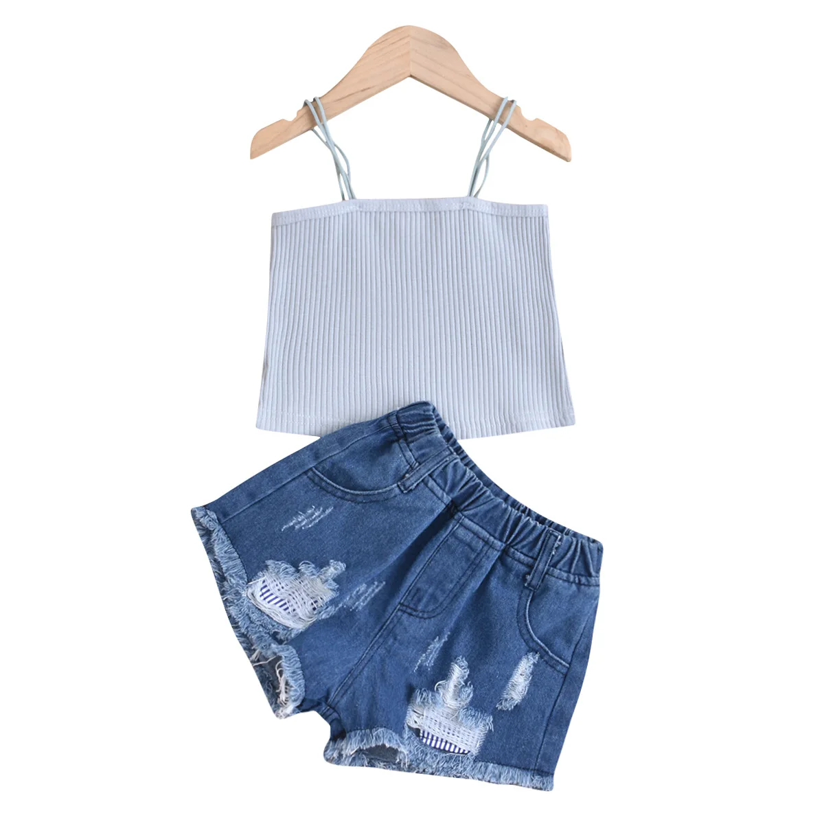 

CJS3214 Trendy baby girl clothes sleeveless ruffle tops denim short trousers 2pcs Girl clothing sets