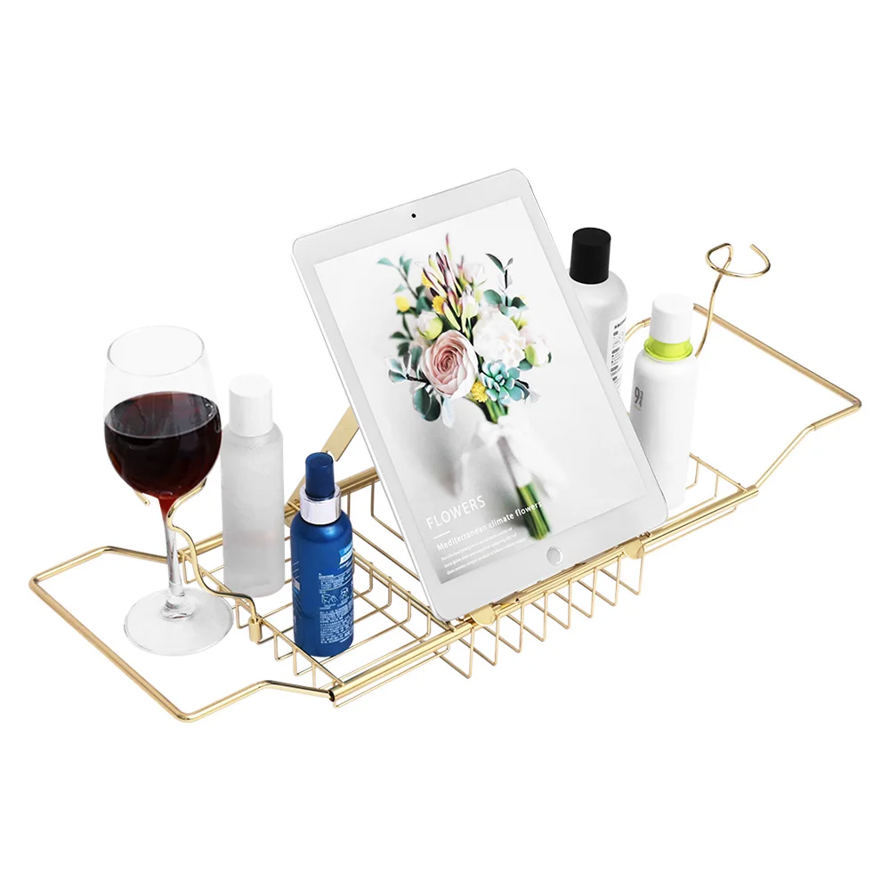 

Expandable Bathtub Caddy with Wine Candle & Book Ipad Mobilephone Holder Golden Rack Shower Organizer Gold Bath tub Caddy