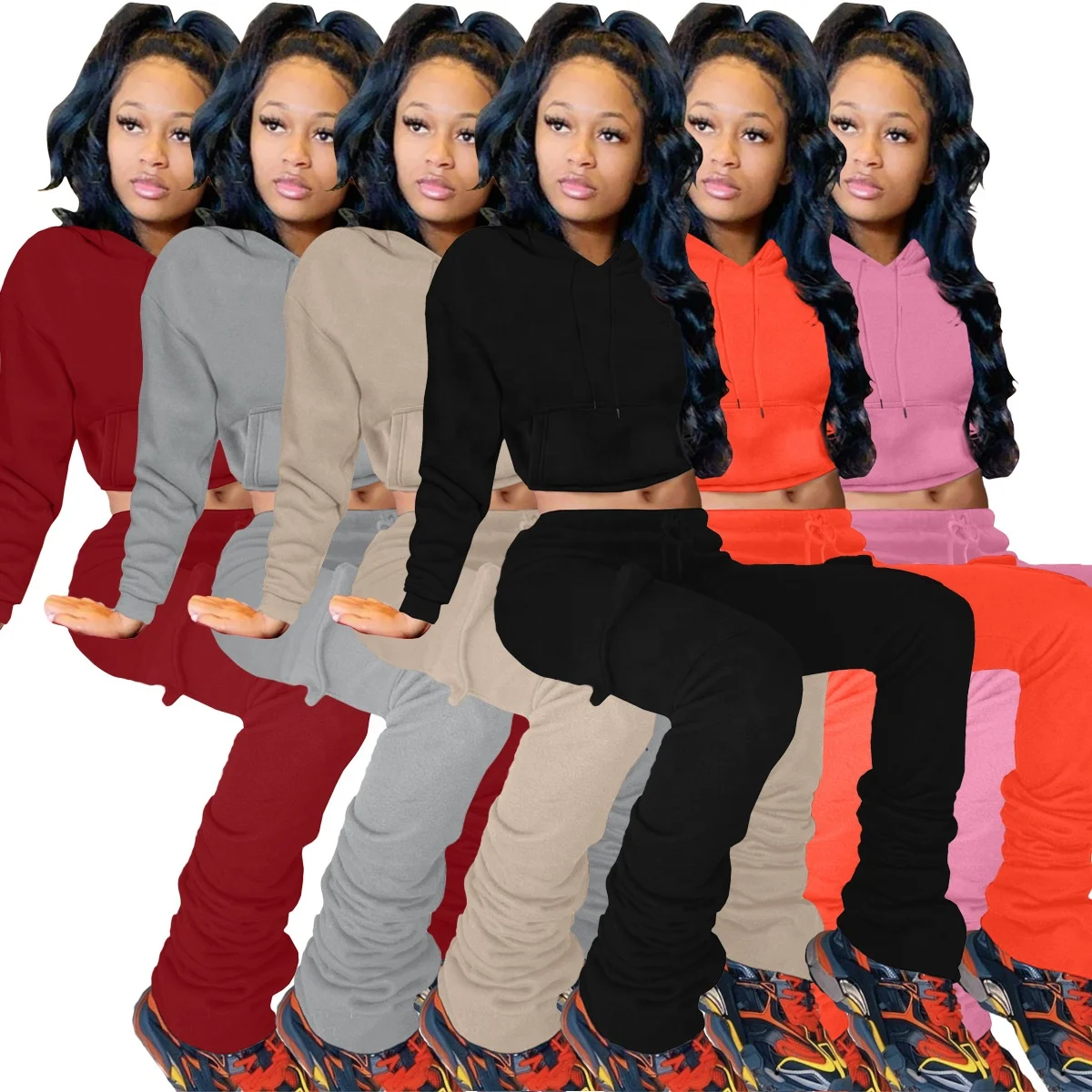 

Label Custom Logo Clothing Stacked Sweat Pants Sexy Hoodie Women Two Piece Pants Set, Customized colors