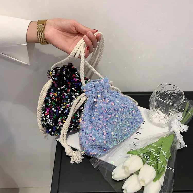 

2021 Women's Handbag Luxury Fashion Bucket Bag Ladies Sequins Top Handle Bags Chain Lady Shoulder Evening Handbag, Picture color