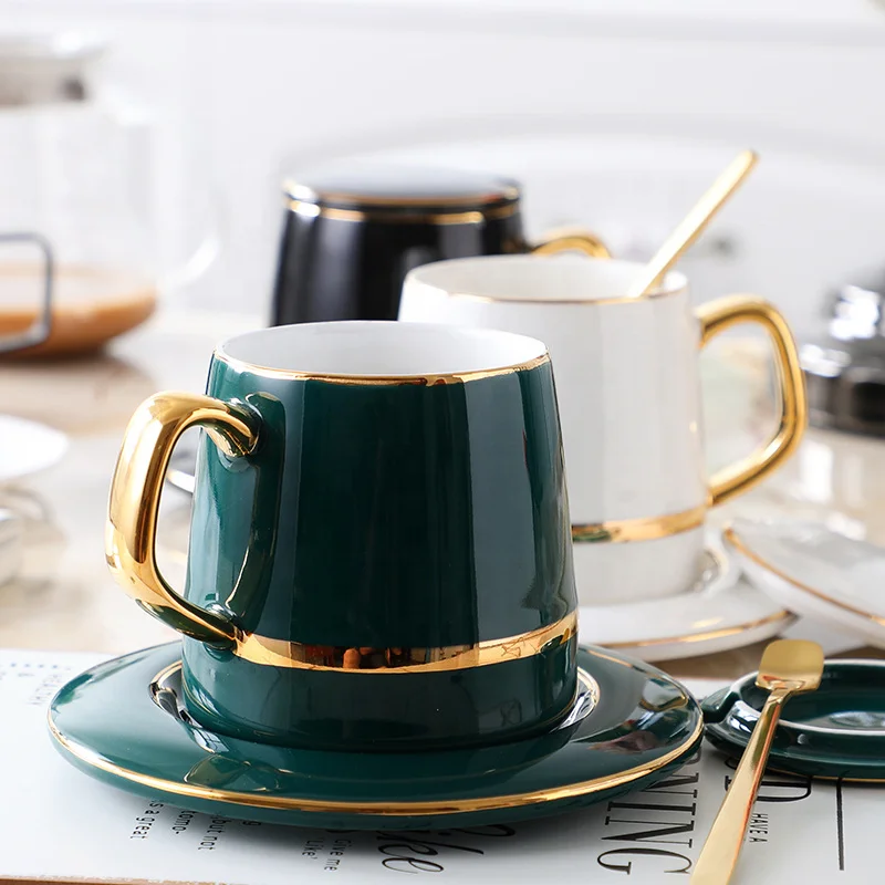 

European Style Coffee Cup with Dessert Dish for afternoon tea tea set, Green ,black,white