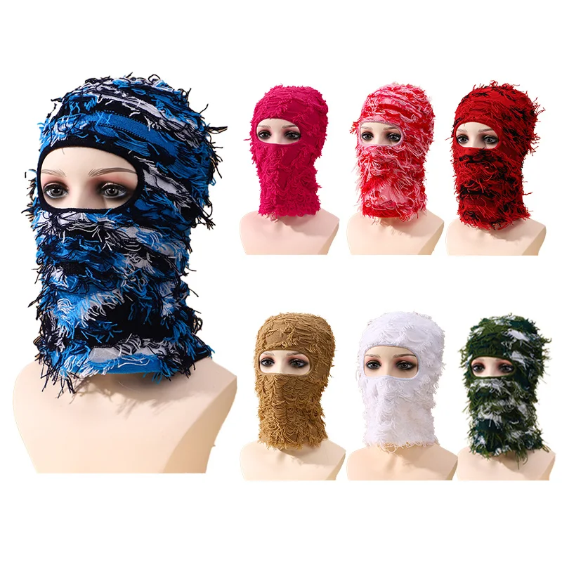 Wholesale Custom Winter One Hole Black White Knitted Balaclava Hat Distressed Baclava Face Ski Mask