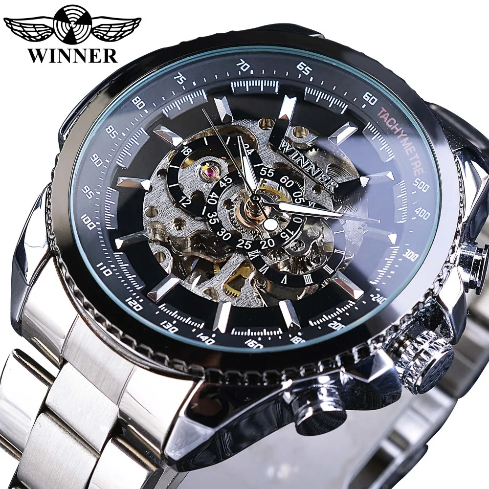 

Winner Watch Fashion Sport Design Bezel Golden Men Watches Top Brand Luxury Clock Men Steampunk Automatic Skeleton Watch, 4-colors