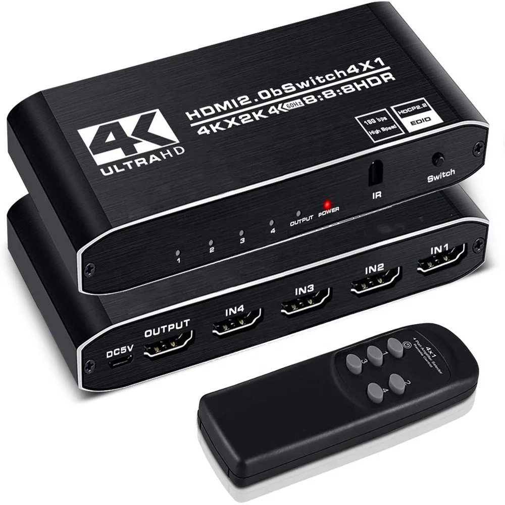 

OZQ5-1 4 in 1 4K60hz HDR HDMI Switch 4x1 HDMI2.0 Switcher Selector Supports HDCP 2.2 with IR Remote Control, Black