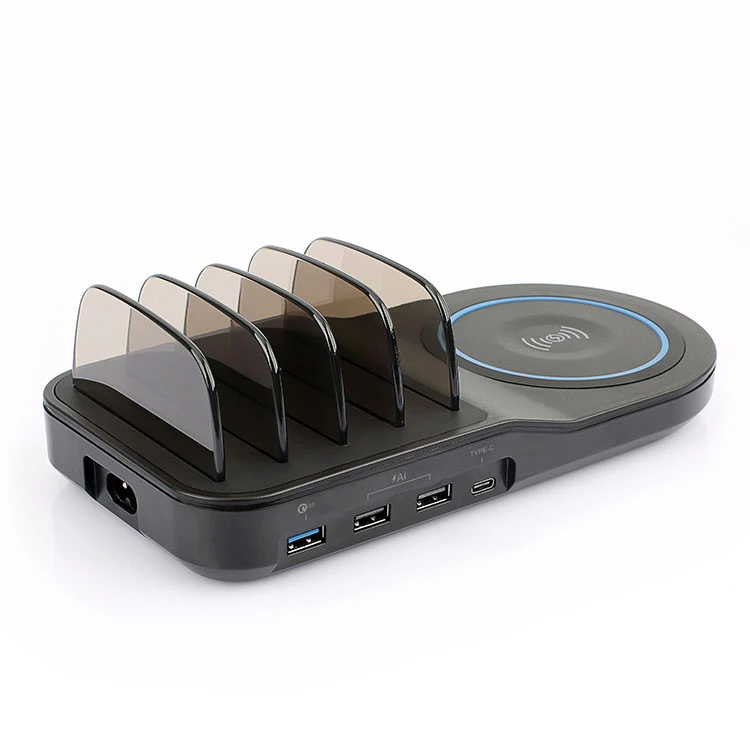 
Fast Charging Station with 4 USB Ports and 1 Qi Wireless Charging Pad for iPhone, iPad, Android Phones and Tablets 