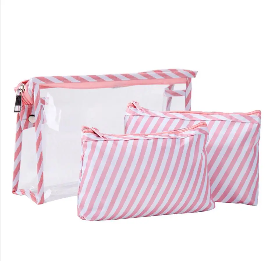 

wholesale cute lady women kids 3 piece per strip cartoon printed small clear cosmetic bag, 4 colors can choose