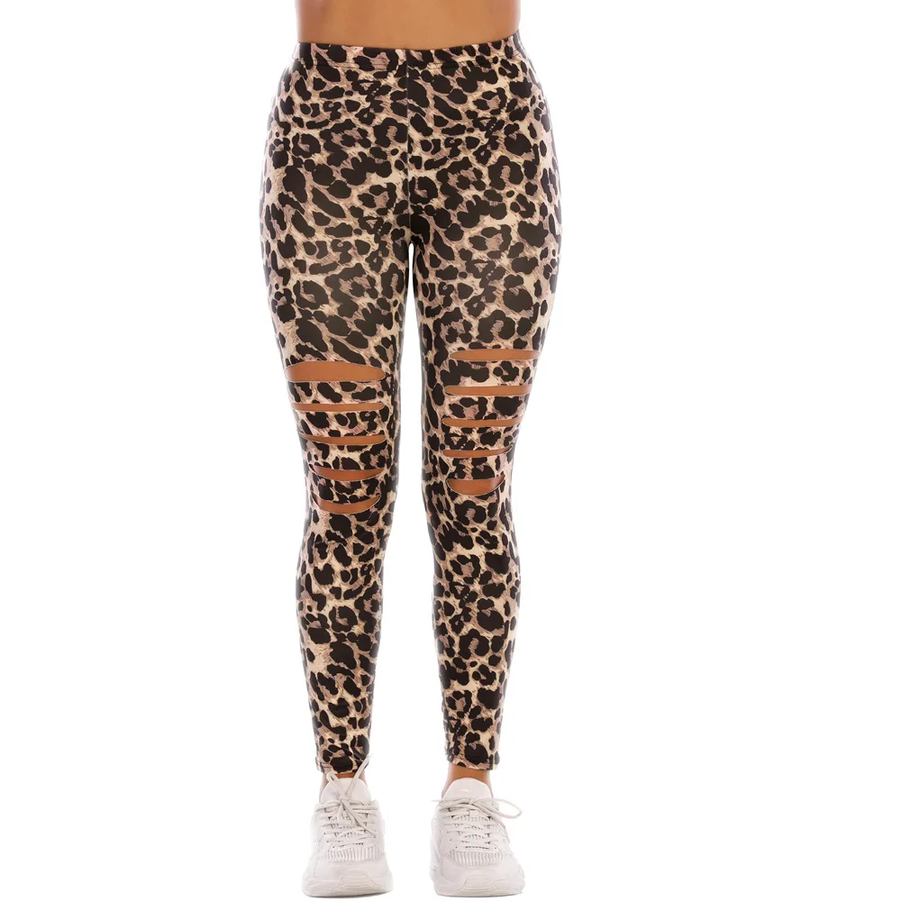 

New Summer Yoga Pants Fashionable Tight Height Waist Sport Black Hole Stretch Leopard Print Leggings, As pic show
