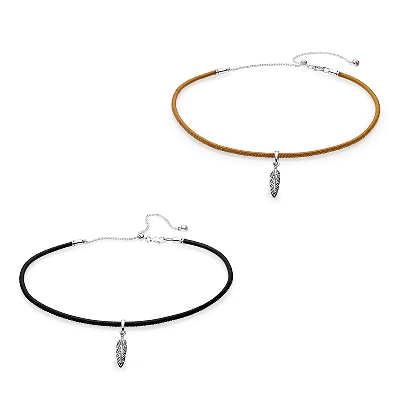 

2021 NEW 925 Sterling Silver Black & Golden Tan Leather Choker Necklace with Feather Pendant For Women Jewelry Gift