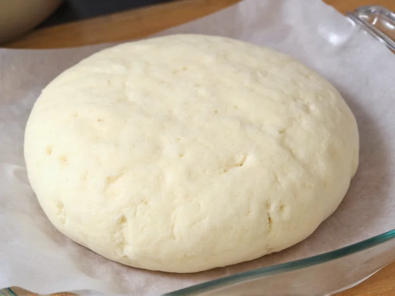 Pizza dough rising in glass container with visible bubbles