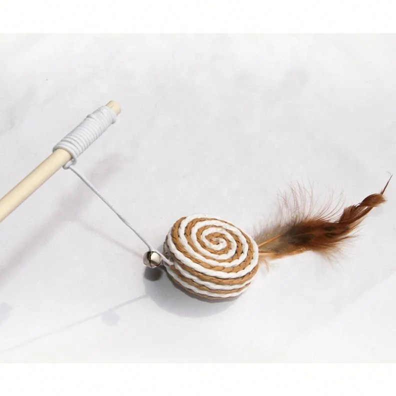 

Pet Natural Wooden Linen Art Cat Toy with Bells Cat Stick Wand toy, Photo
