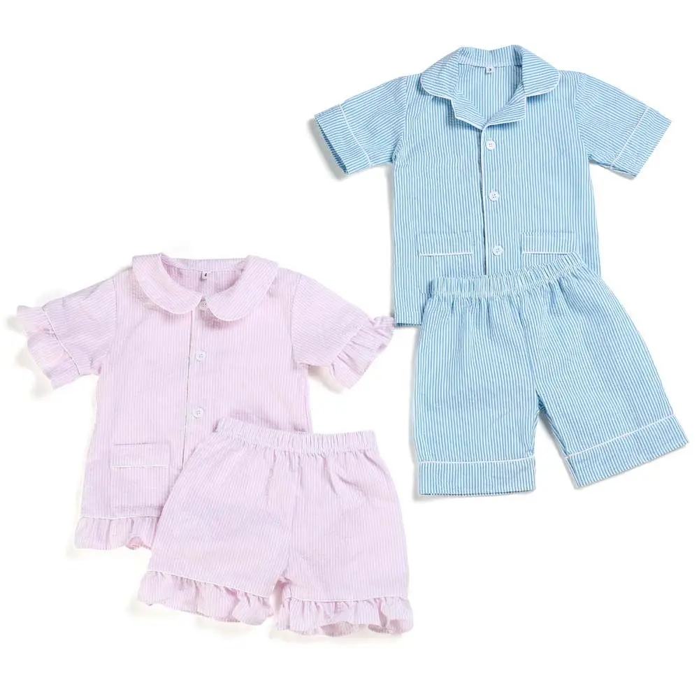 

Stock RTS seersucker kids baby boys and girls boutique clothes two piece ruffle pyjamas summer pajama sets