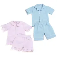 

Stock RTS cotton seersucker kids pajamas boys and girls boutique clothing family ruffle pyjamas baby clothes sets