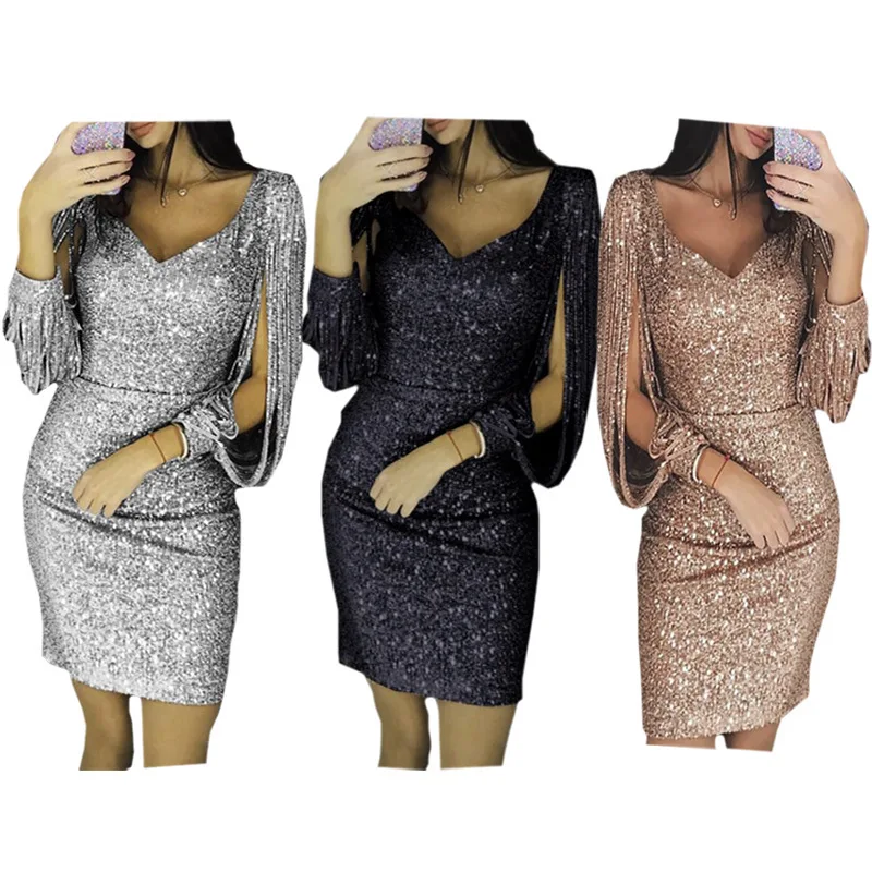 girls stylish party shiny tassel dress women sexy sequin pronm evening dresses