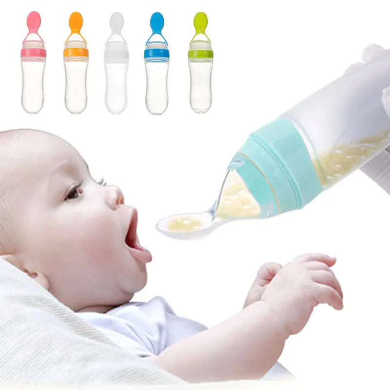 

Wholesale Colorful Squeezing High Quality Silicone Feeding Rice Cereal Bottle For Baby, Pink, green, blue, yellow, white