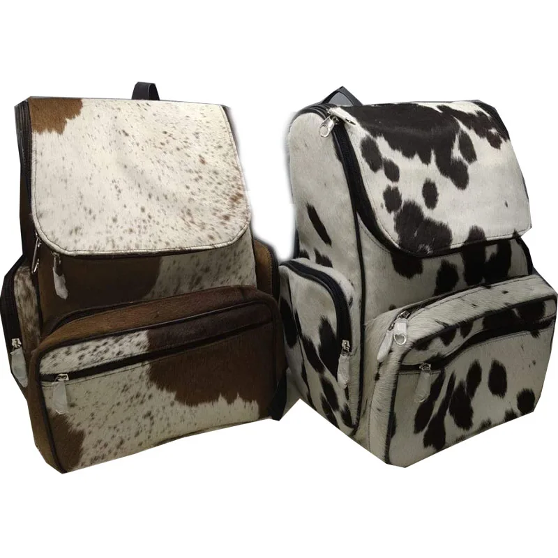 

Hair On Cowhide Leather Backpack Bag Southern Multi Pockets Travel Backpack Cowhide Fur Diaper Backpack Bag, Shown