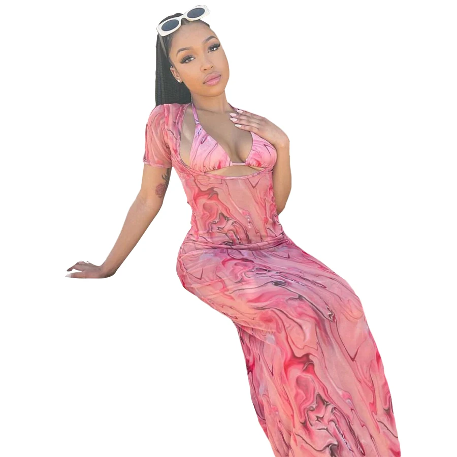 

2021 Summer Halter Bikini Long Dress Sets Holiday Beach Women Two Pieces Set