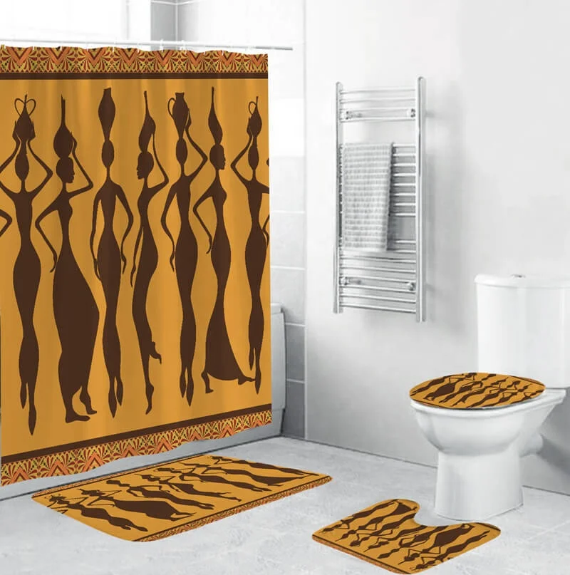 

i@home water resistant african american woman printed shower curtain bathroom 4pc set, Yellow
