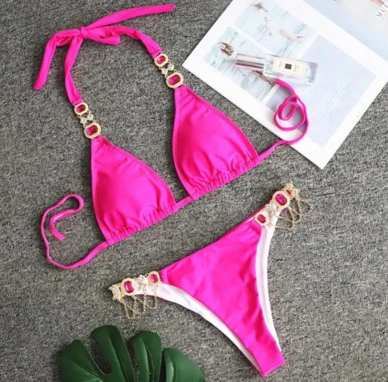 

STOCK 6Colors With Pad Ties Details Jewel Connector Bikini Swimwear