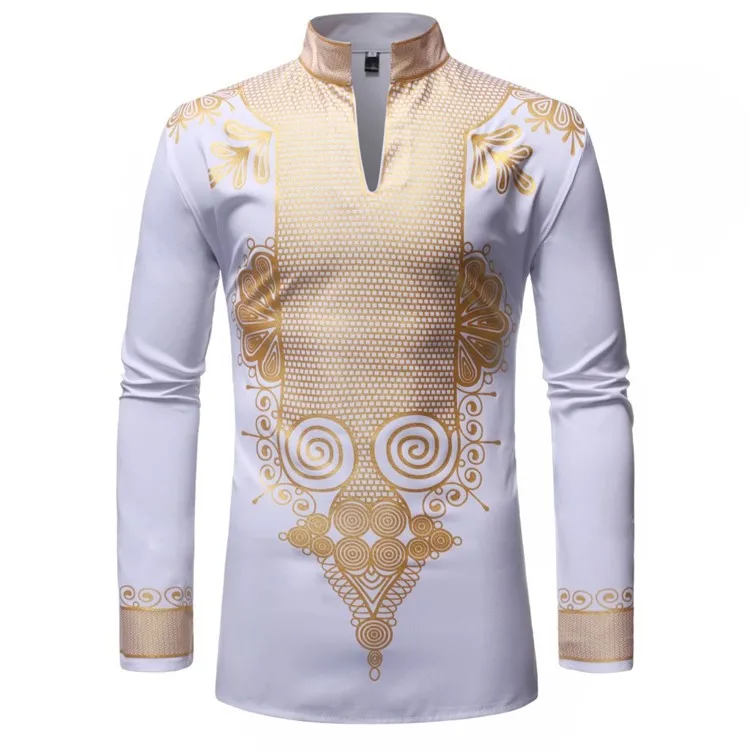 

Hot sale 55% Cotton 45% Polyester hot stamping long sleeve african style shirt dashiki, 5 colors